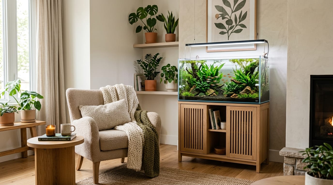 Beautiful planted aquarium styled as part of a calm modern living room with warm wood furniture and soft natural light