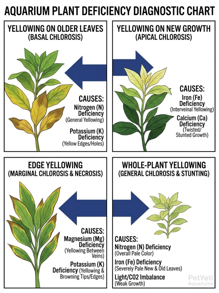 Diagnosing aquarium plant problems based on yellow leaf location
