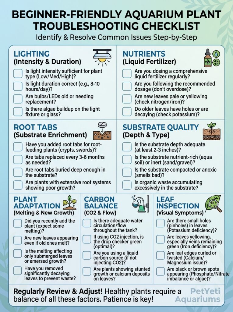 Checklist for diagnosing yellow aquarium plant leaves