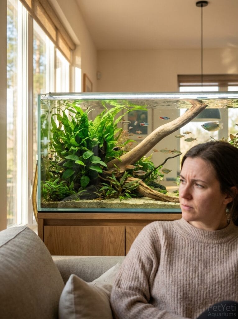 Fish rubbing against aquarium decorations in a freshwater tank