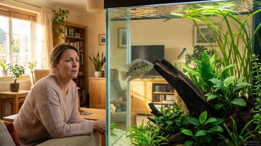 Fish rubbing against aquarium decorations in a freshwater tank