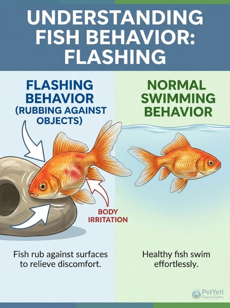 Fish flashing against aquarium decorations