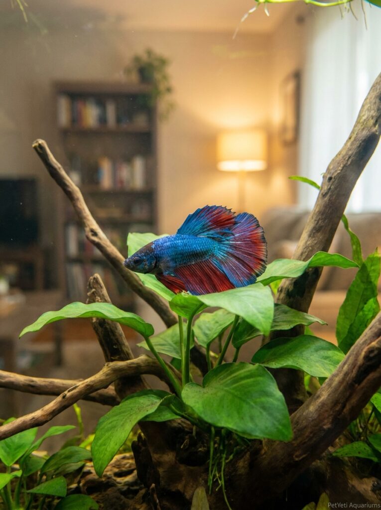 Betta fish resting near Anubias leaves in a healthy freshwater aquarium.