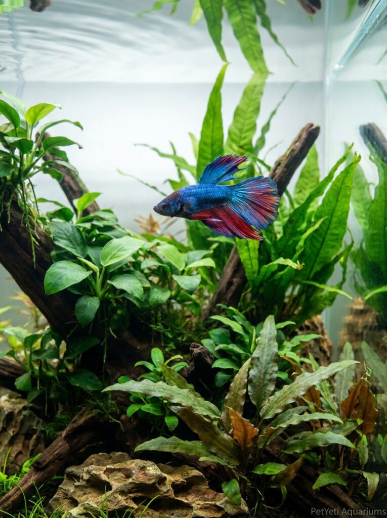 Healthy Betta fish swimming confidently through a thriving planted aquarium.