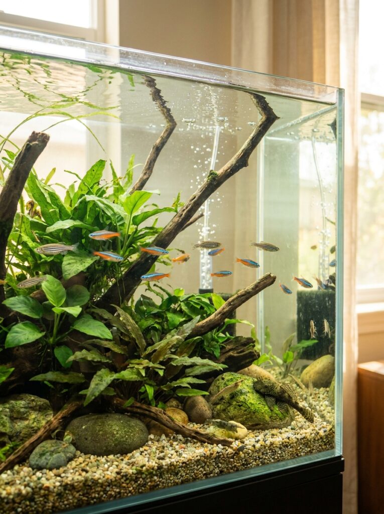 Hardy beginner-friendly fish swimming in a planted community tank