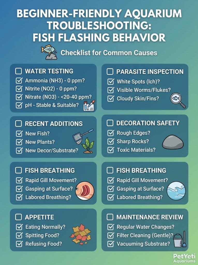 Checklist for diagnosing fish flashing against decorations