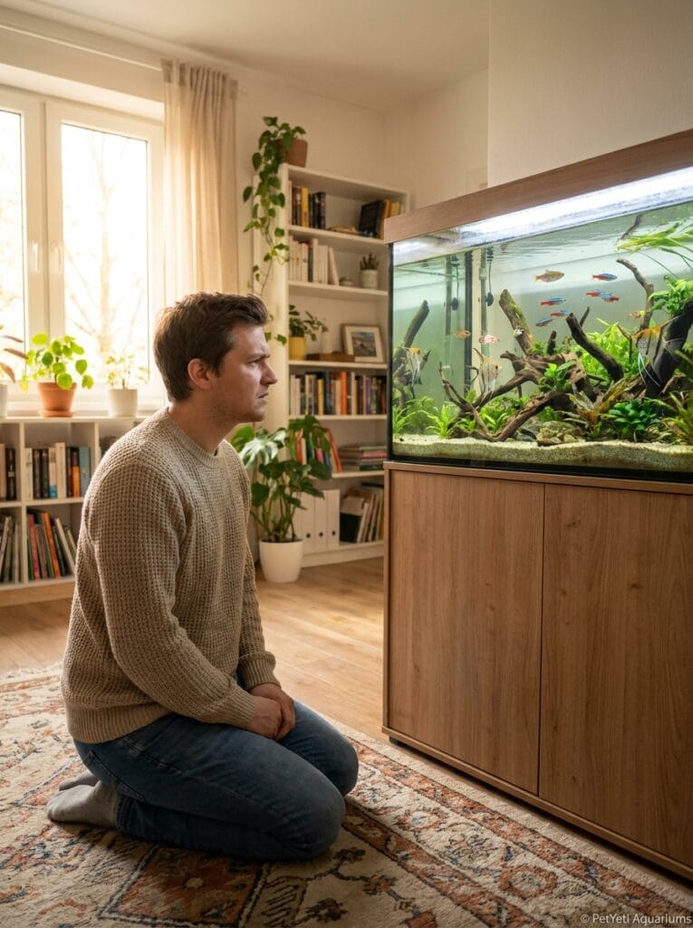 Aquarium owner noticing rapid water loss in a fish tank