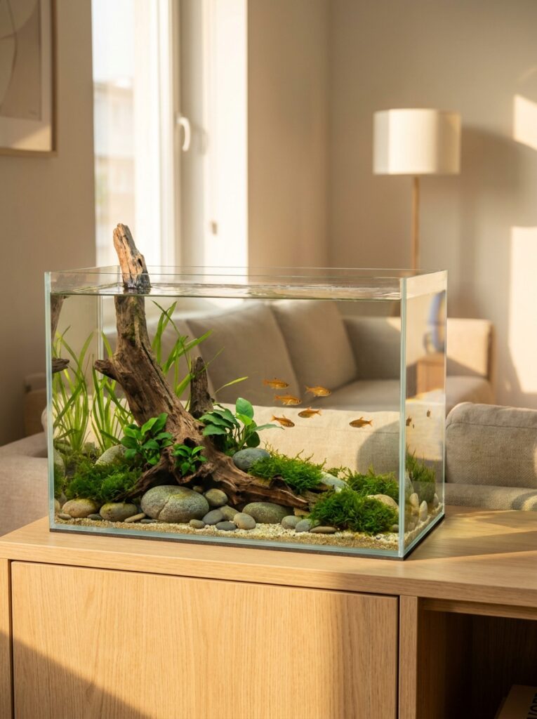 Minimalist aquascape with natural driftwood and healthy plants
