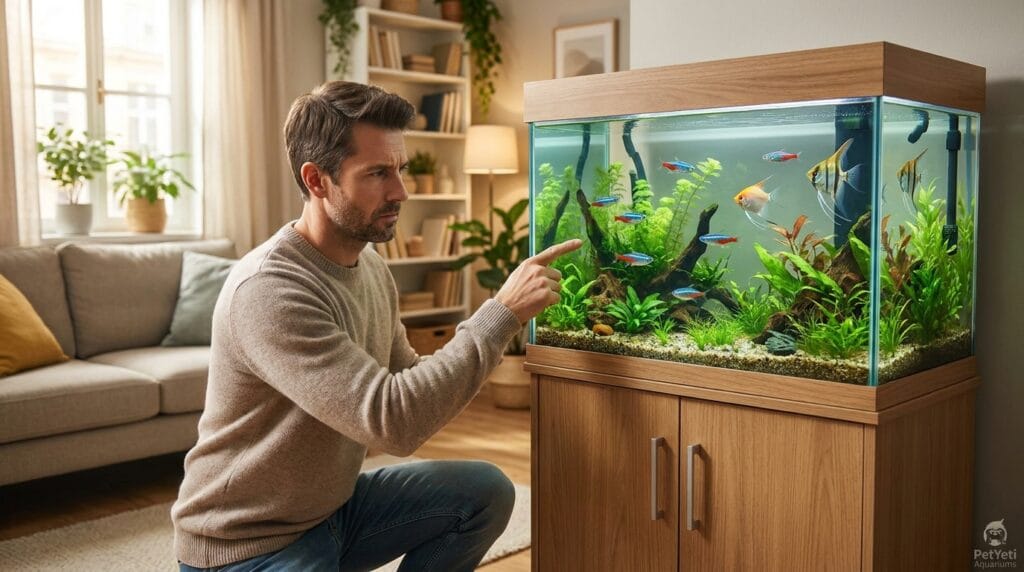 Aquarium owner noticing rapid water loss in a fish tank