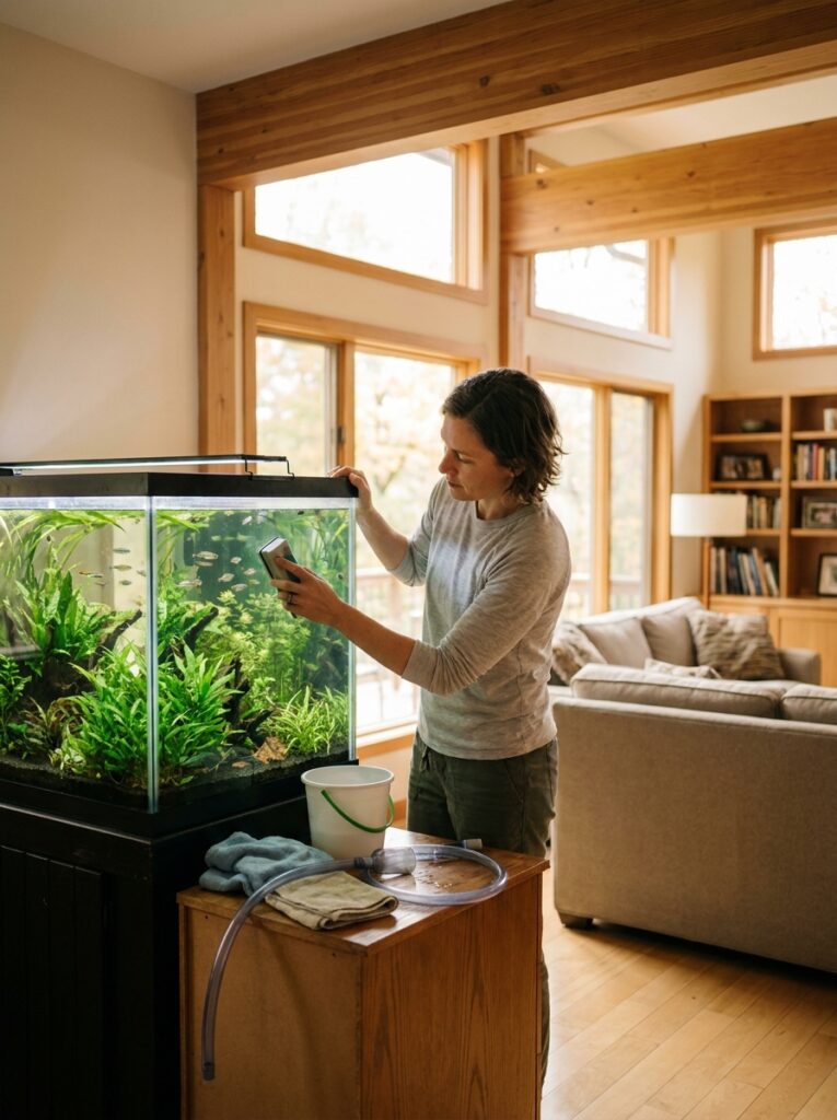 Simple weekly aquarium maintenance in a cozy home