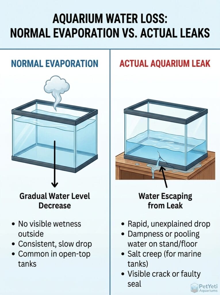 Difference between aquarium evaporation and water leaks