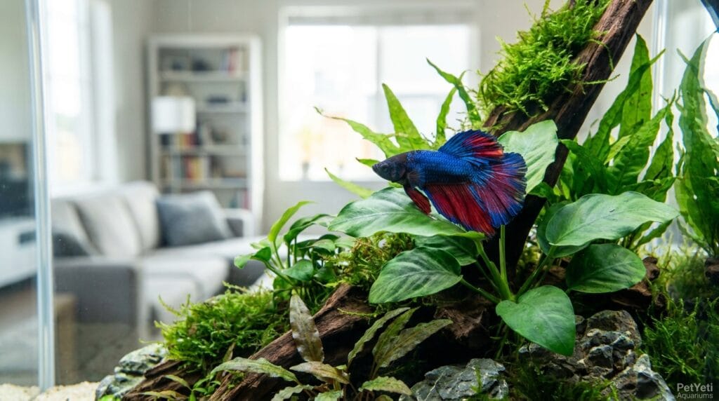 Betta fish laying on its side near plants in an aquarium