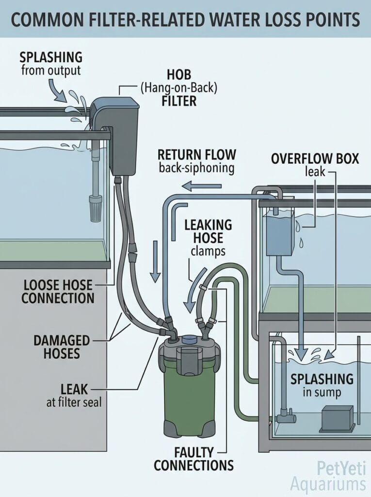 Common filter-related causes of aquarium water loss