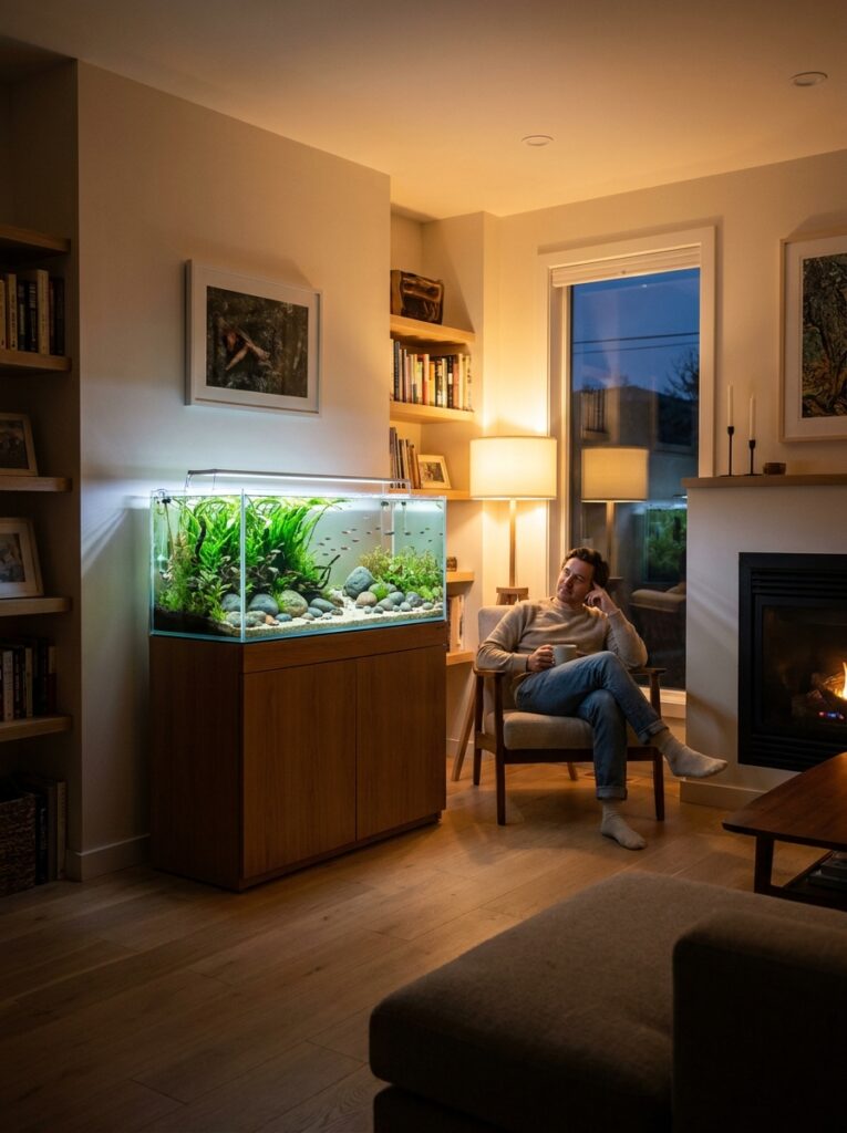 Relaxing low-maintenance aquarium in a cozy living room