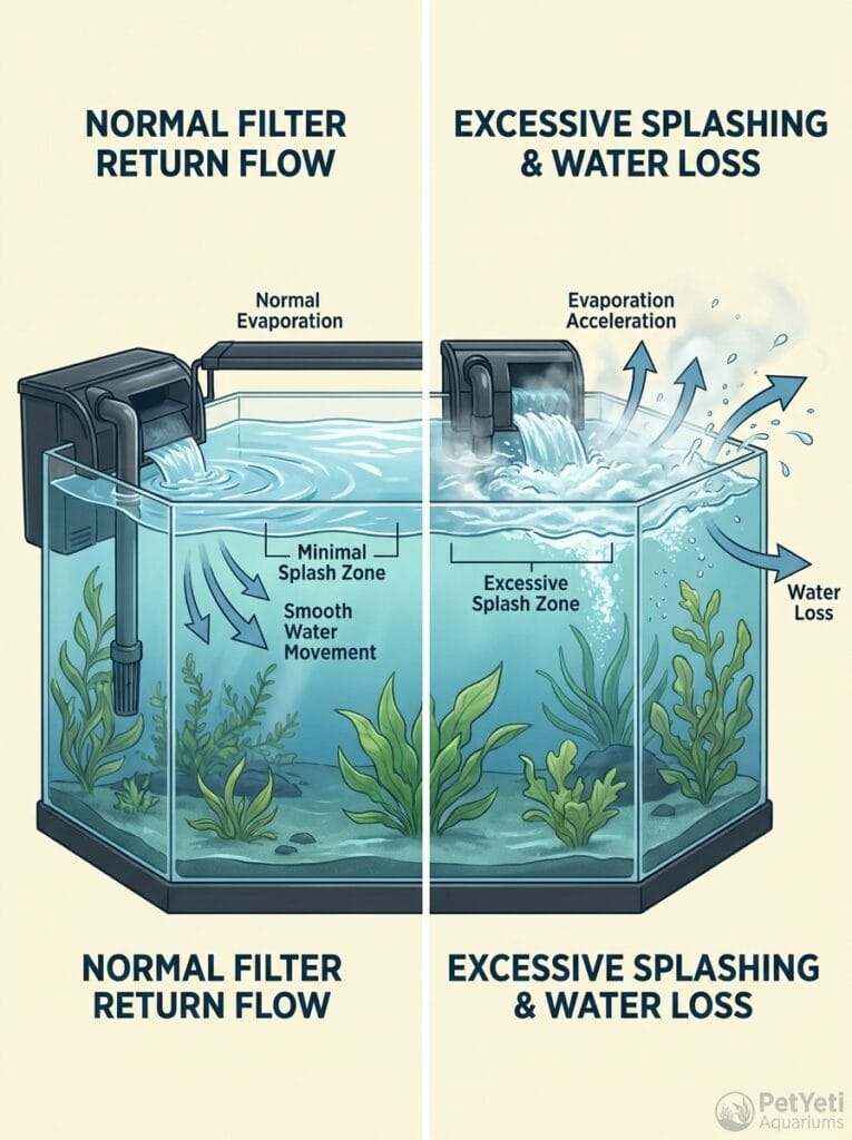 Aquarium filter splashing contributing to water loss