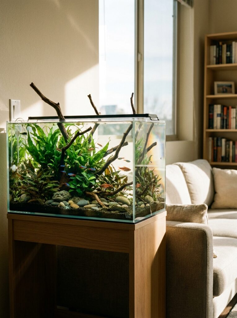 Beautiful planted 10-gallon aquarium with peaceful beginner-friendly fish