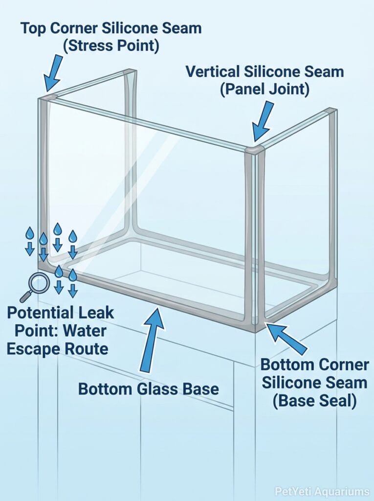 Aquarium seams and corners being inspected for leaks