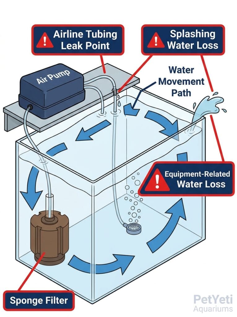 Aquarium equipment and tubing causing hidden water loss