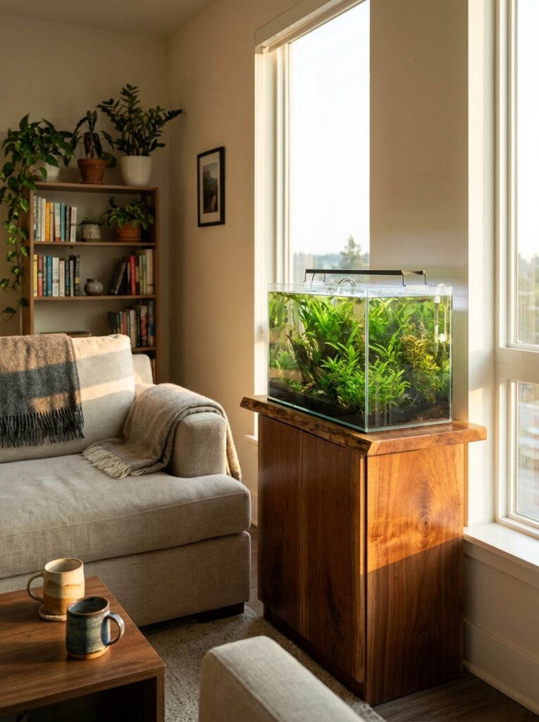 Modern 10-gallon planted aquarium in a cozy apartment setting
