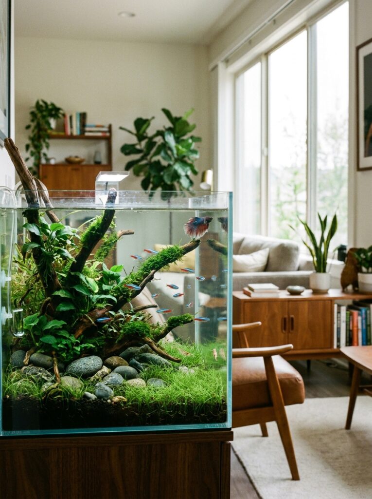 Thoughtfully planned 10-gallon aquarium with healthy fish and plants