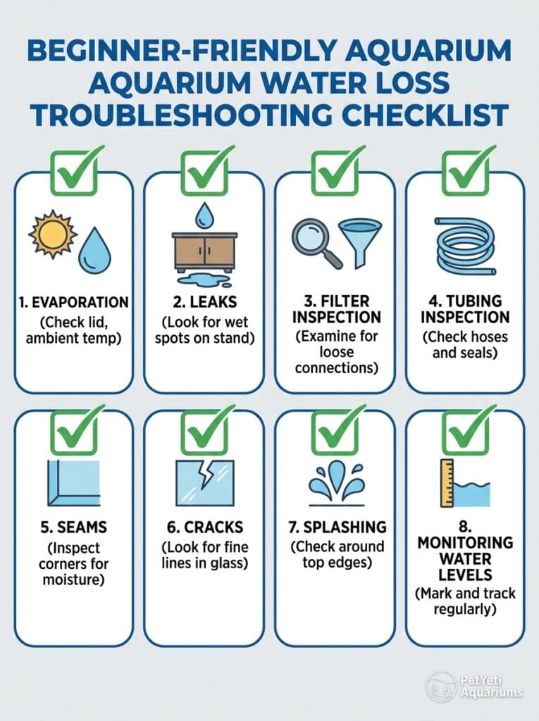 Checklist for diagnosing aquarium water loss