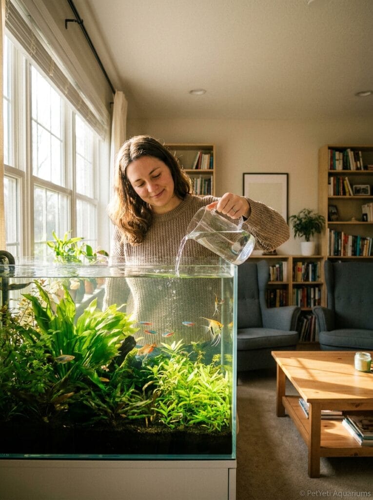 Aquarium owner replacing water lost through evaporation