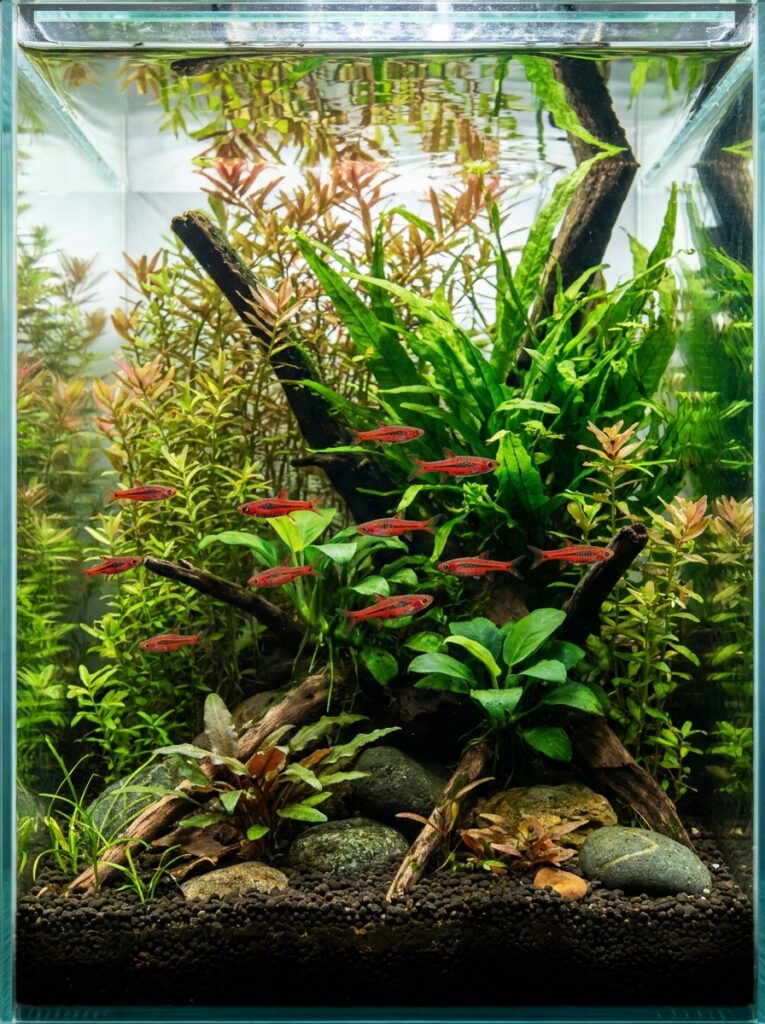 Bright red chili rasboras swimming through dense aquatic plants