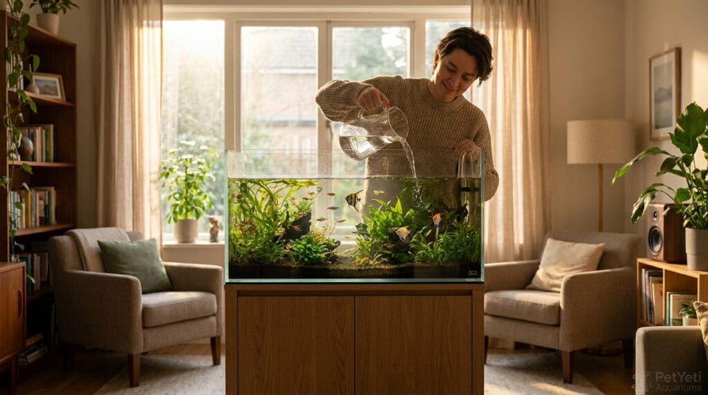 Aquarium owner replacing water lost through evaporation