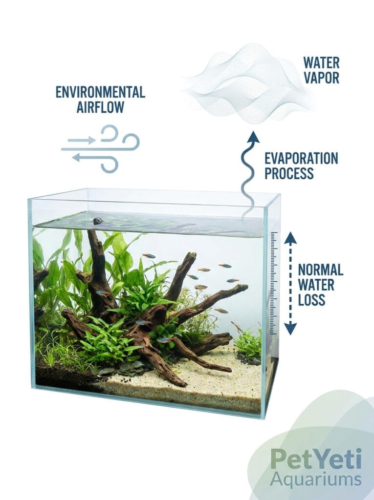 Natural evaporation occurring in a freshwater aquarium