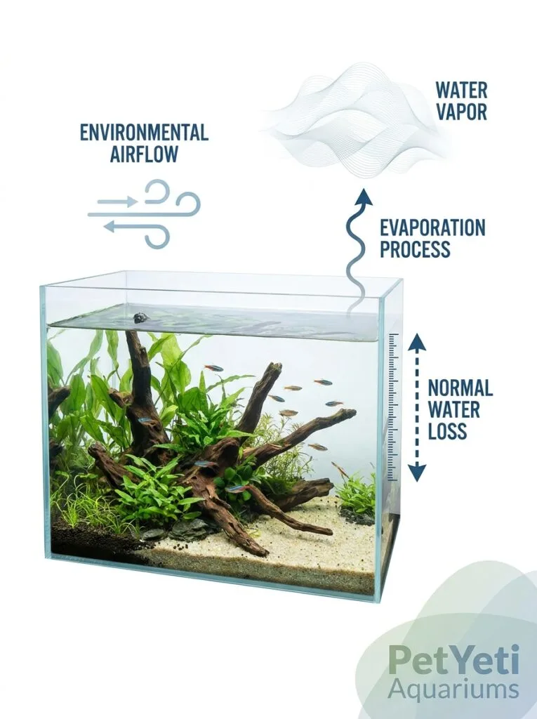 Natural evaporation occurring in a freshwater aquarium