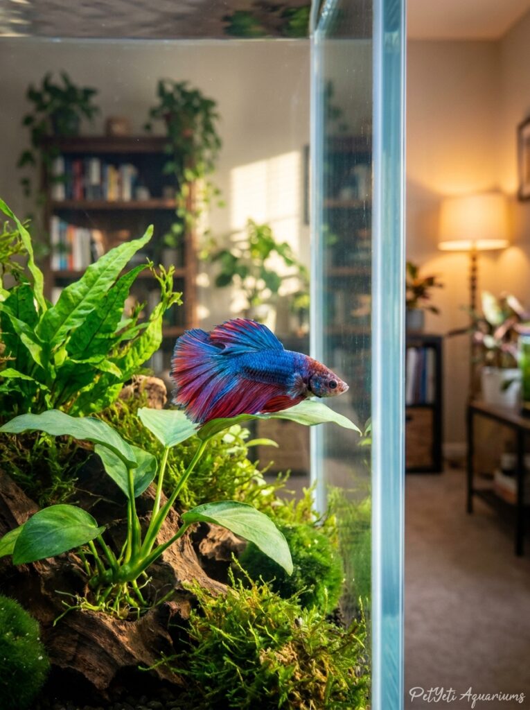 Healthy Betta fish resting naturally on an Anubias leaf in a planted aquarium.