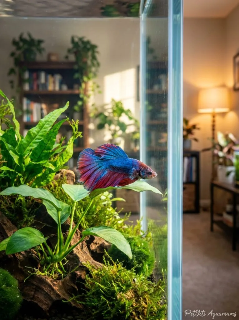 Healthy Betta fish resting naturally on an Anubias leaf in a planted aquarium.