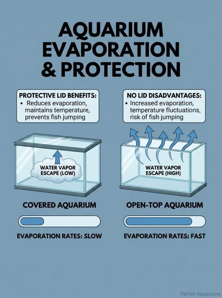 Open-top aquarium compared to covered aquarium evaporation