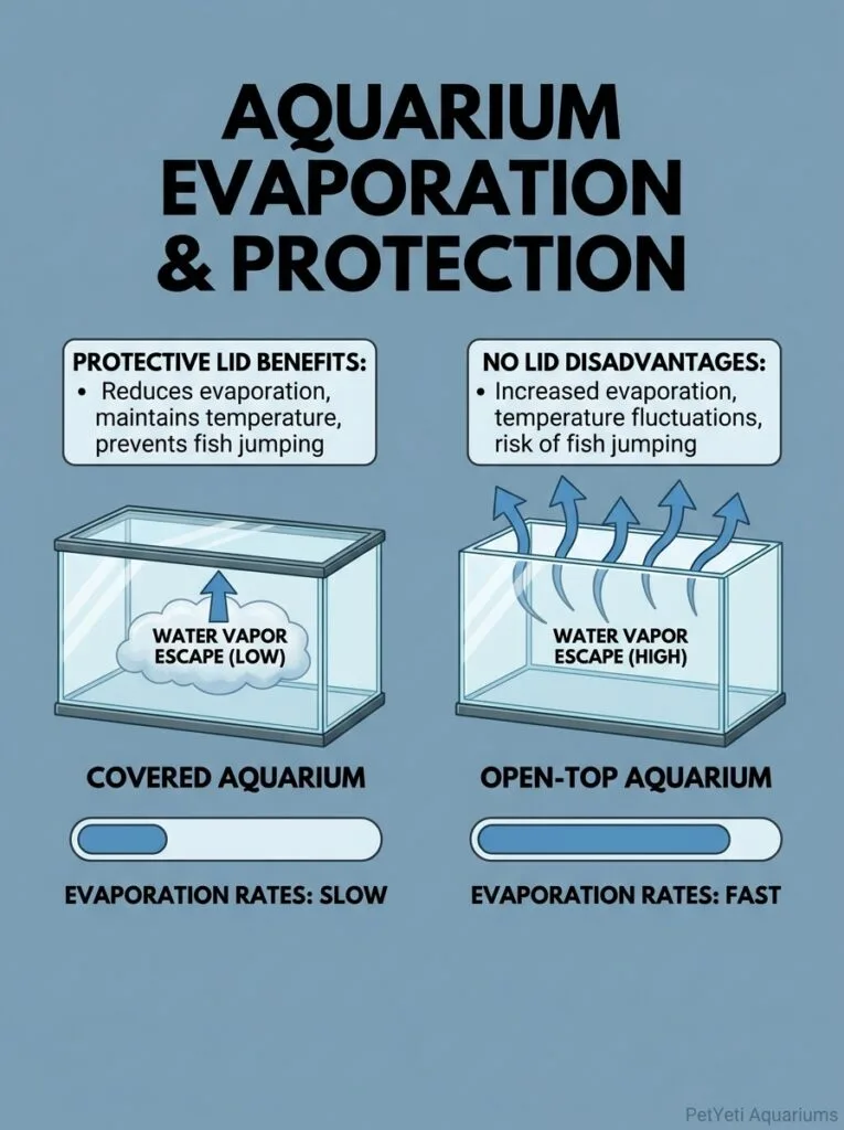 Open-top aquarium compared to covered aquarium evaporation