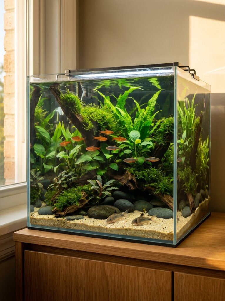 Balanced 10-gallon aquarium with appropriately sized peaceful fish