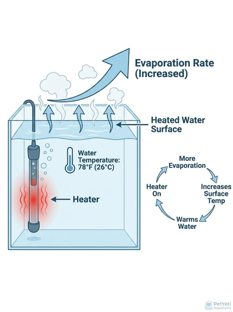 Aquarium heater contributing to water evaporation