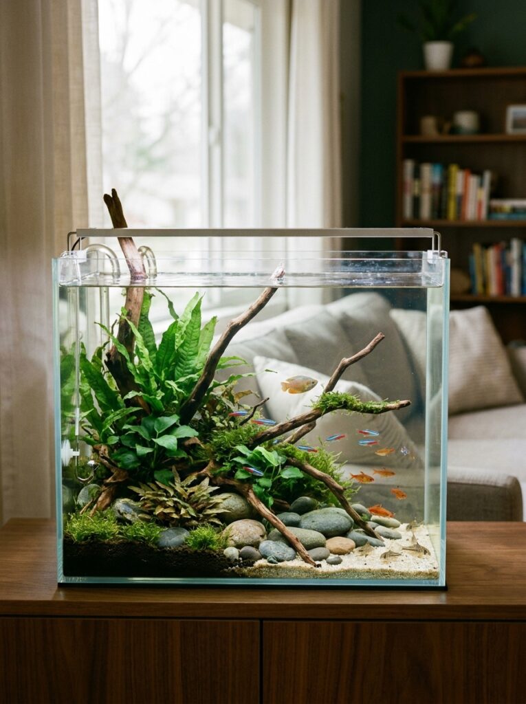 Harmonious planted 10-gallon community aquarium with nano fish