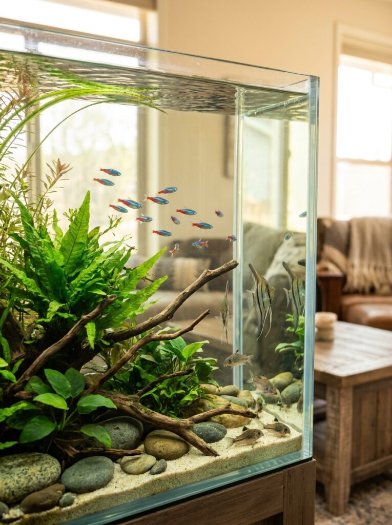 Peaceful planted community aquarium with compatible fish species