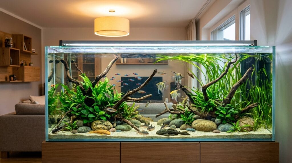 Peaceful planted community aquarium with compatible fish species
