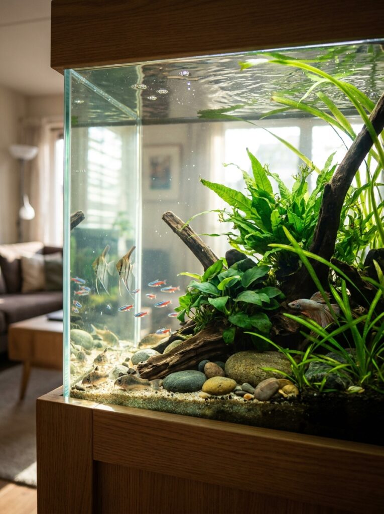 Compatible fish swimming calmly together in a planted aquarium