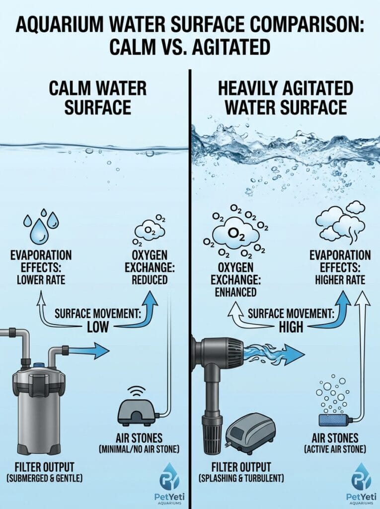 Surface agitation increasing aquarium evaporation