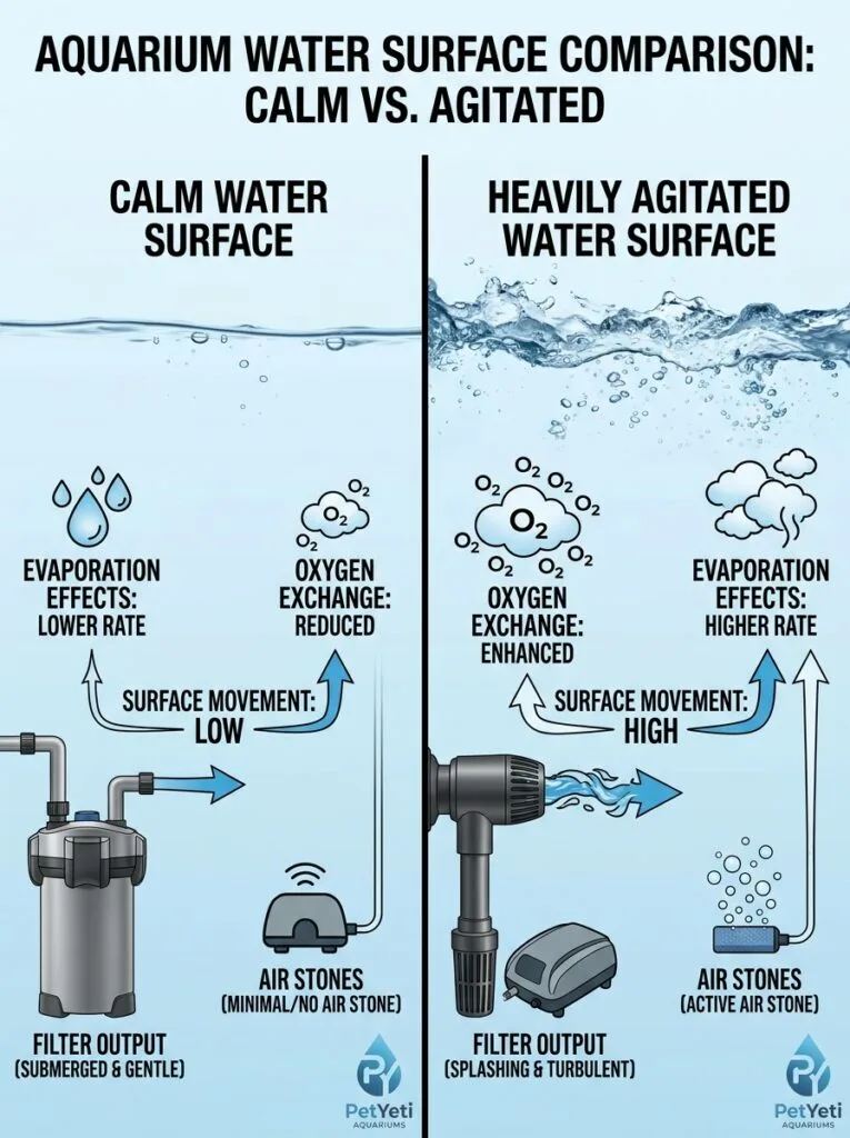 Surface agitation increasing aquarium evaporation