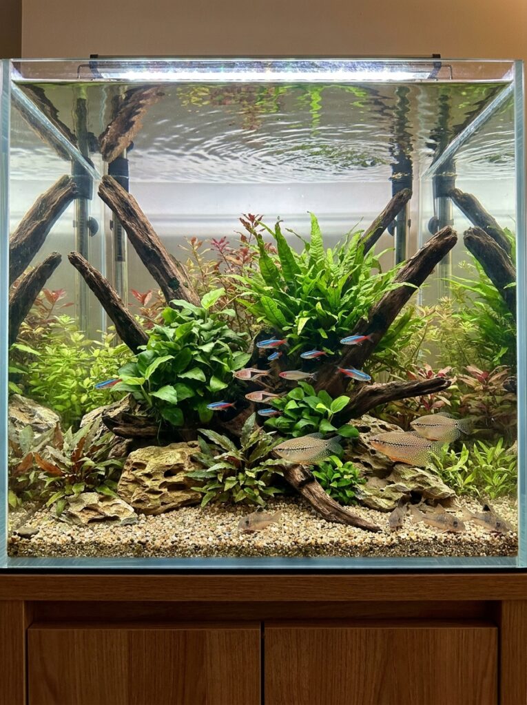 Community aquarium featuring fish selected for appropriate adult size