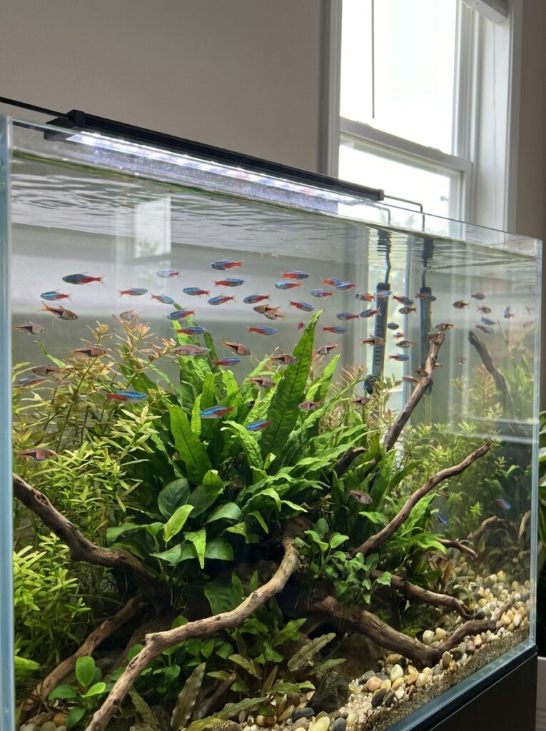 School of peaceful fish swimming together through aquatic plants