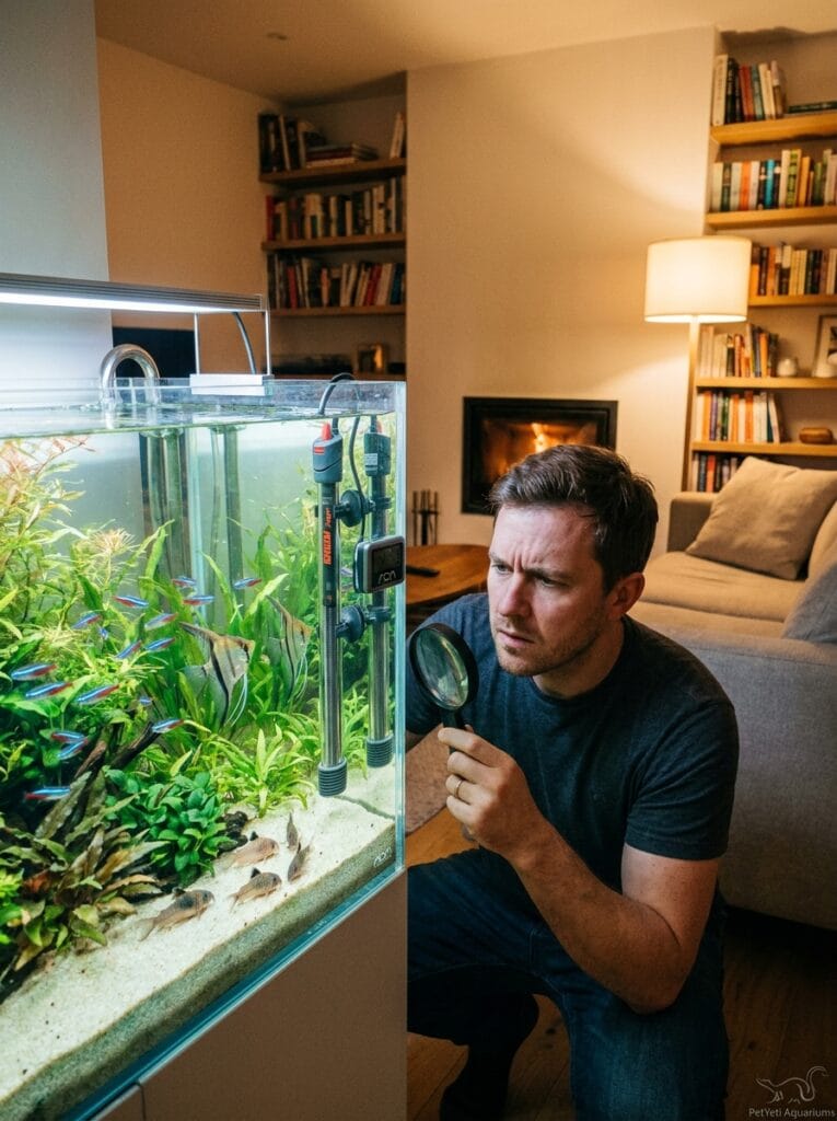 Aquarium owner troubleshooting a fish tank heater