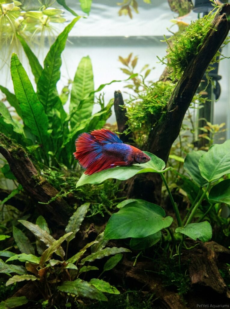 Betta fish sleeping peacefully on a broad aquarium plant leaf.