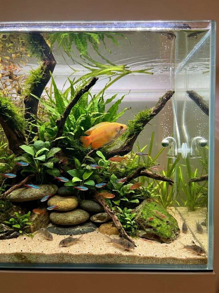 Honey gourami serving as the centerpiece fish in a community tank