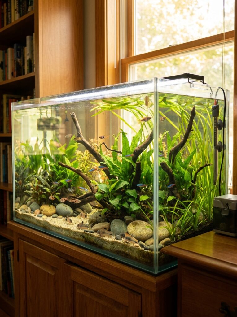 Well-planned community aquarium with balanced fish stocking