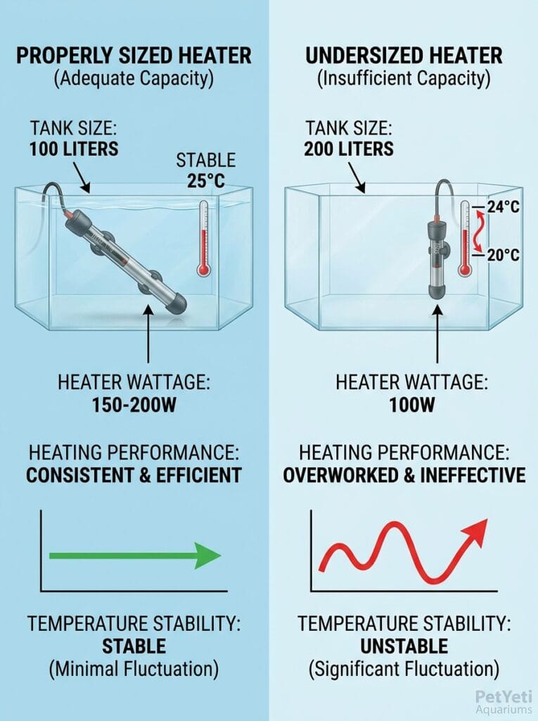 Properly sized versus undersized aquarium heaters
