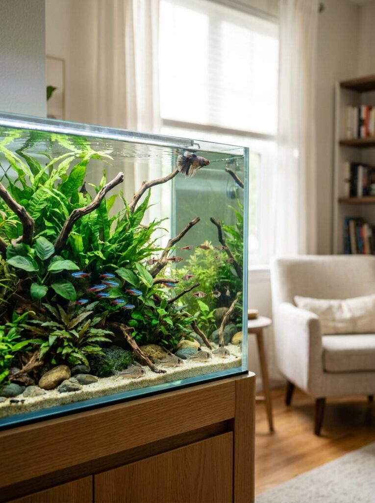 Peaceful planted aquarium featuring thriving compatible fish species
